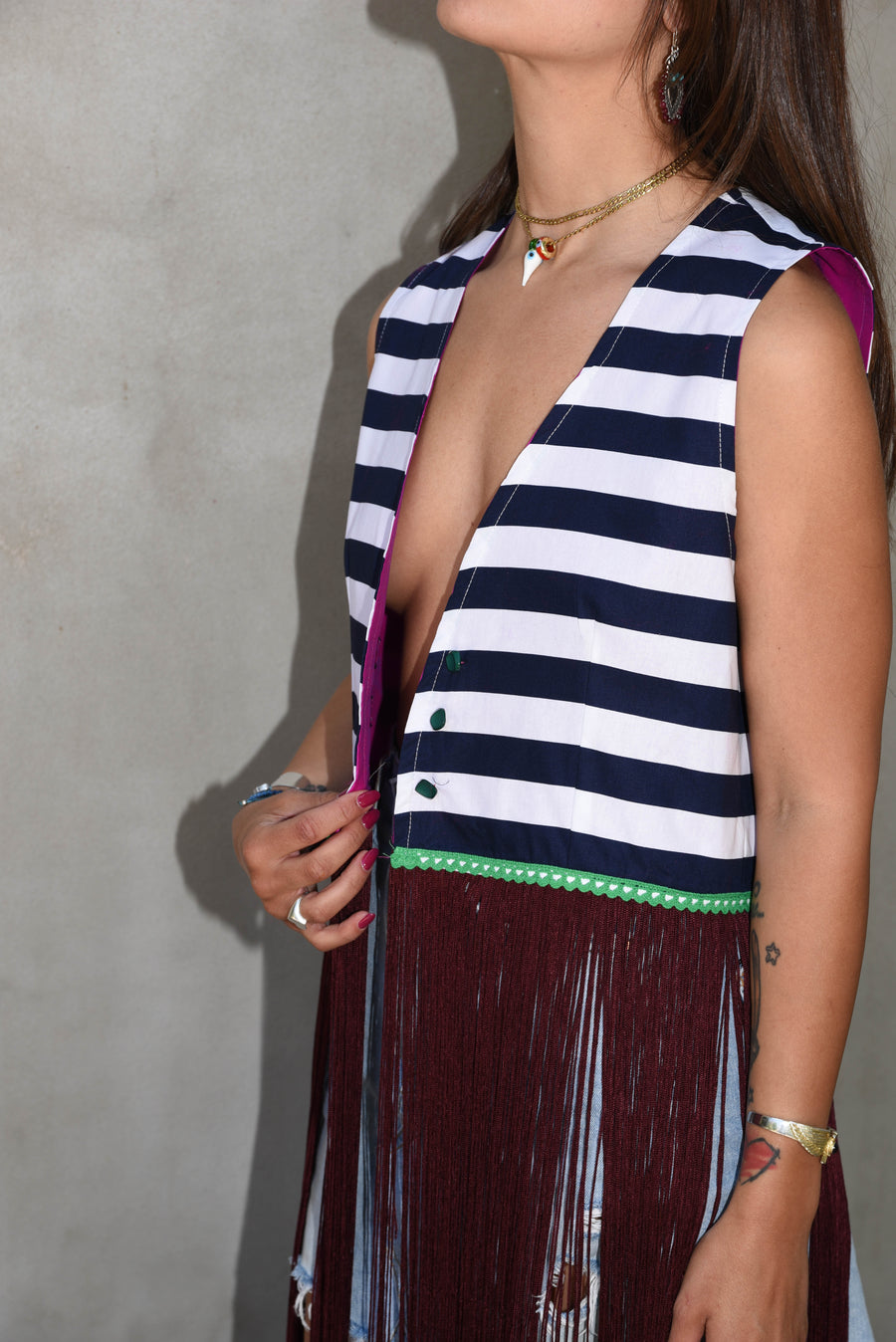 Multicolor navy fringed vest