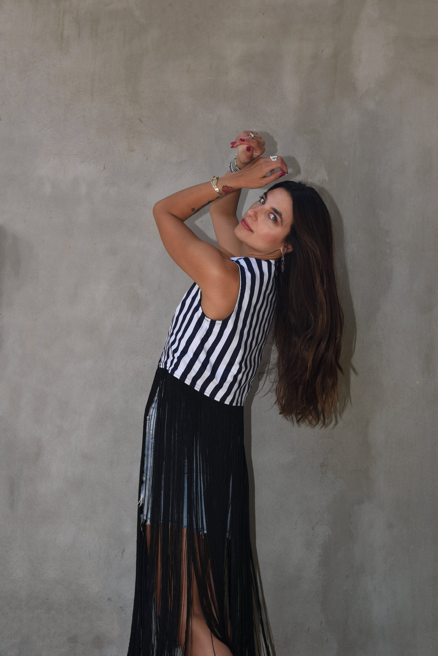 Navy stripe fringed vest